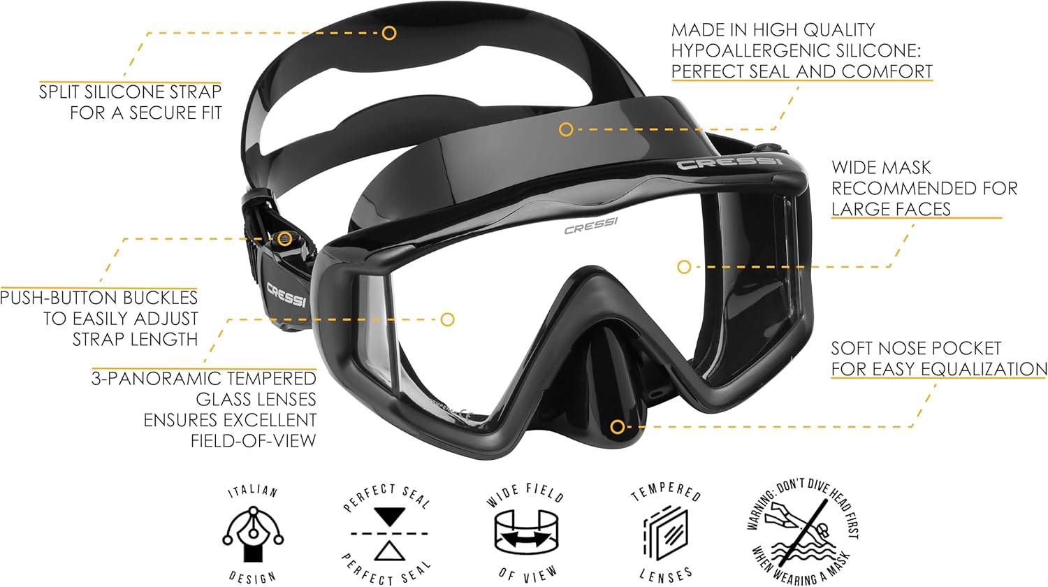Cressi Perfect View Scuba Diving, Snorkeling Mask in Pure Comfortable Silicone - Available with Different Panoramic Lenses - Liberty Triside: Designed in Italy