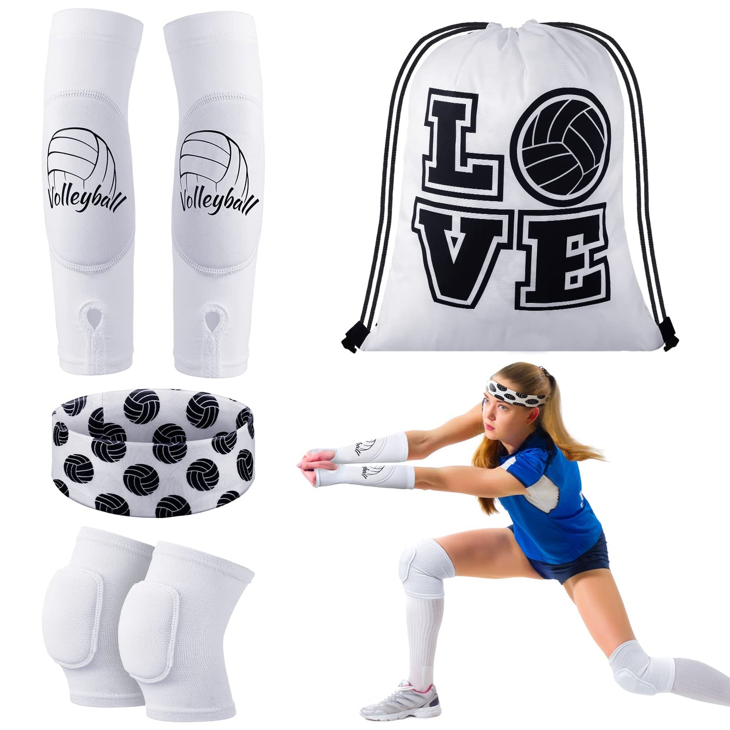 Yinder 4 Pcs Volleyball Accessories Include Knee Pads ,Arm Sleeves , Drawstring Bag,Softball Headbands for Women Volleyball Training Dance