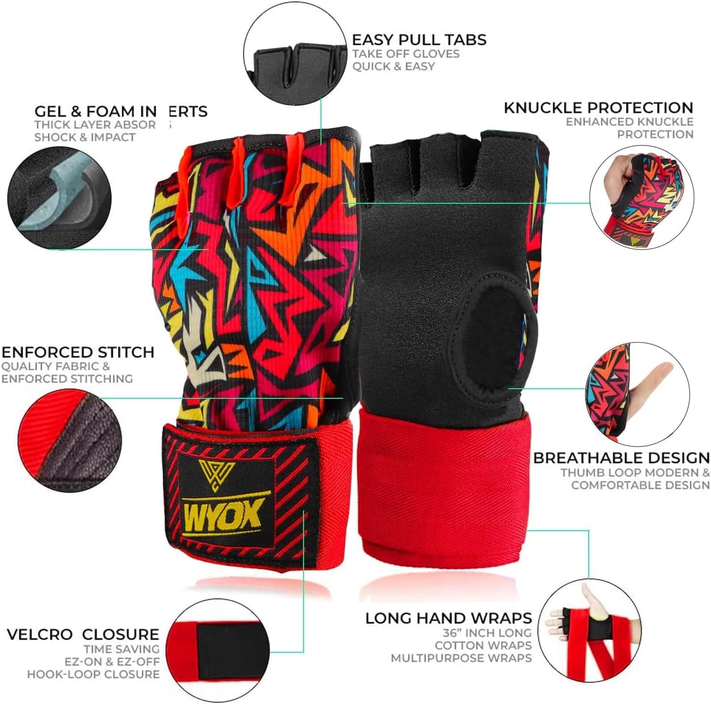 WYOX Gel Boxing Hand Wraps Inner Gloves for Men & Women, 80cm Quick Wrist Straps, Padded Knuckle Protection for Muay Thai Kickboxing, Hand Wraps for Boxing & Martial Arts