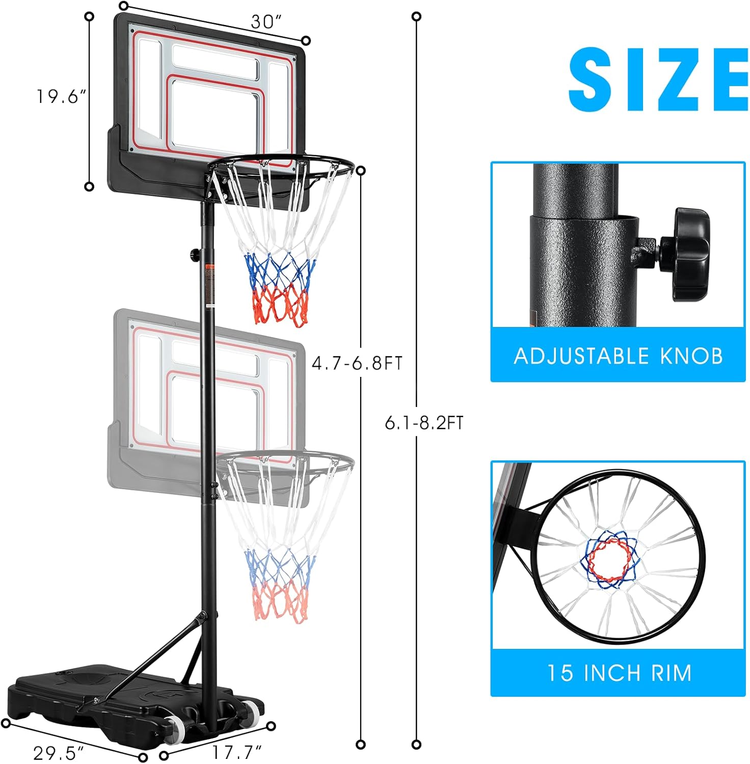 Portable Basketball Hoop Outdoor, 4.7-6.9FT/4.4-10 FT Adjustable Basketball Hoop for Kids and Adults in Outdoor/Indoor,with Sturdy PE Base and PET Backboard,Easy Assembly for Home Use