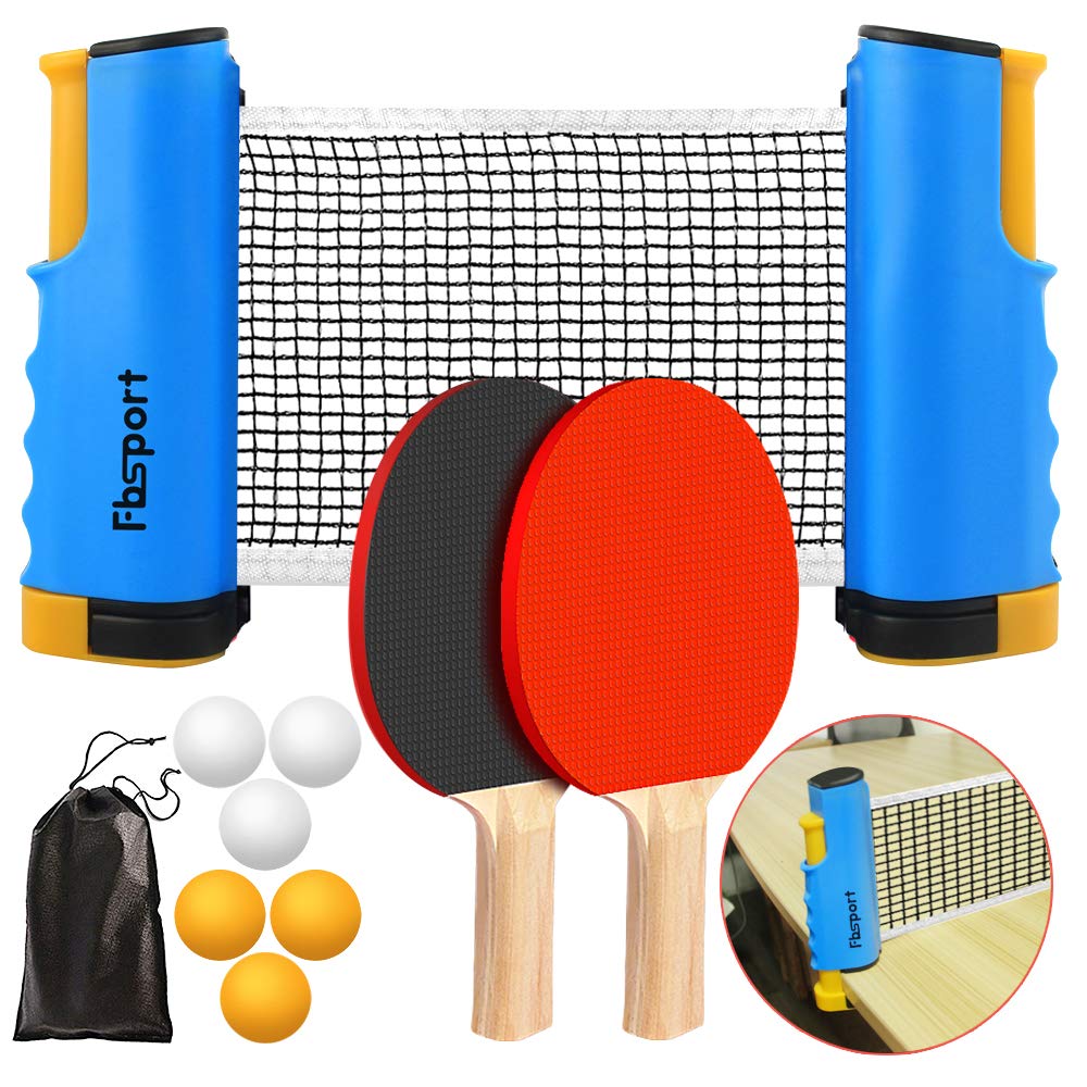 FBSPORT Ping Pong Paddle Set, Portable Table Tennis Set with Retractable Net,Rackets,Balls and Carry Bag for Indoor/Outdoor Games