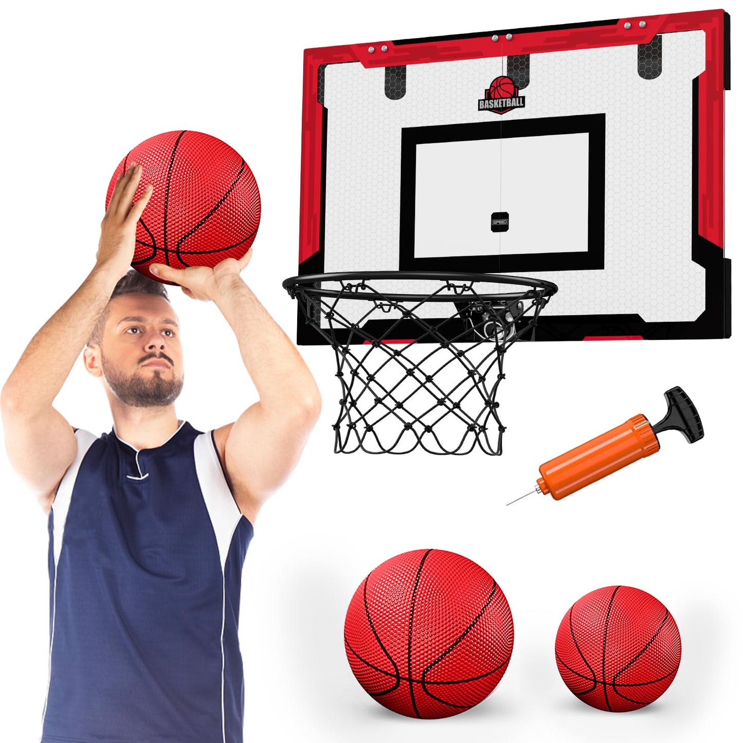 24" x 16" Large Basketball Hoop Indoor for Adults, Over The Door Basketball Hoop with Sturdy Backboard, Big Basketball Toys Gifts Ideas for Man Kids Teens Boys Girls, Black