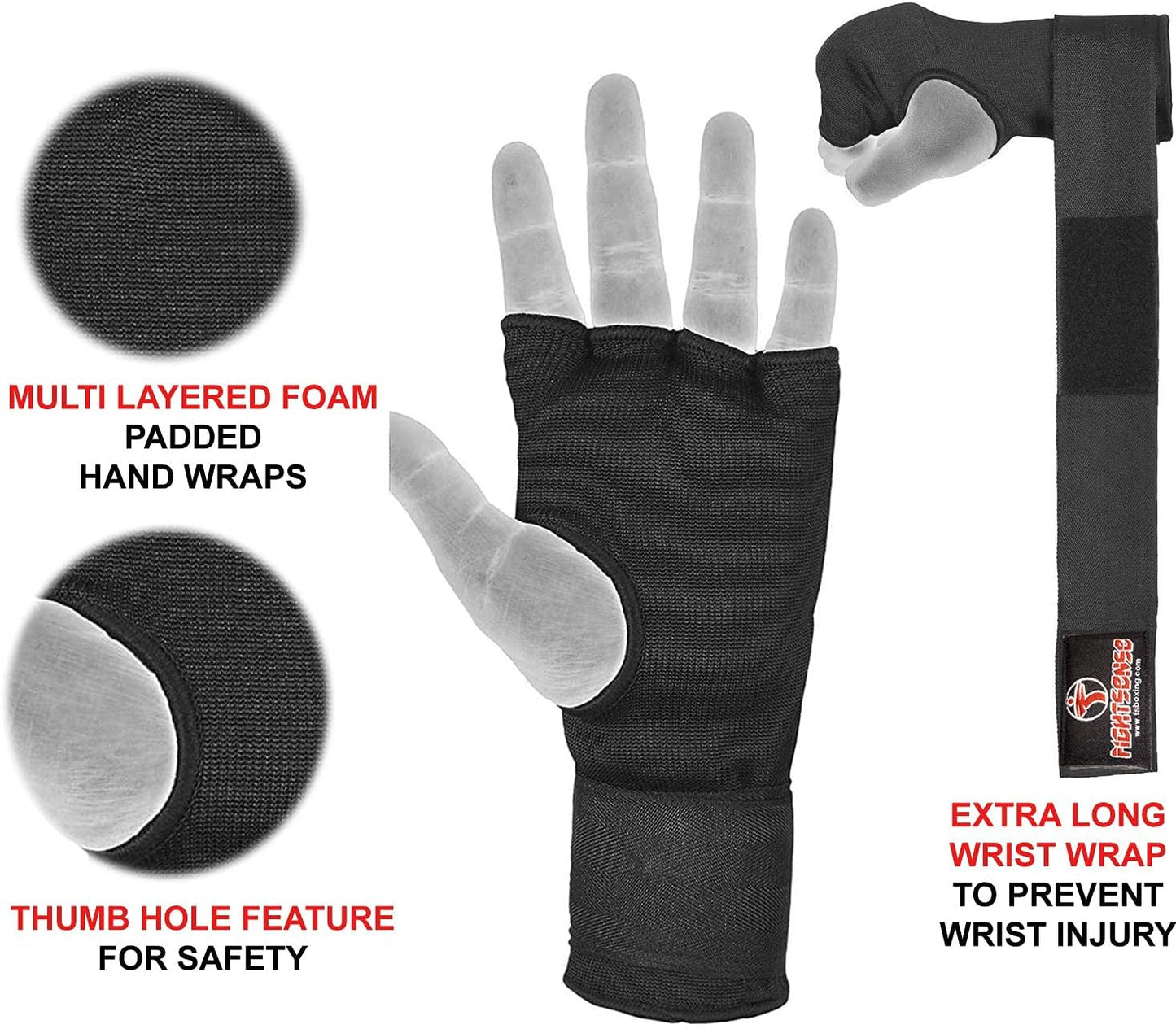 FIGHTSENSE Padded Gel Inner Boxing Gloves for Men and Women with Long Elasticated Hand Wraps for Punching, Boxing, MMA, Muay Thai, Kickboxing and Martial Arts Training (Pair)