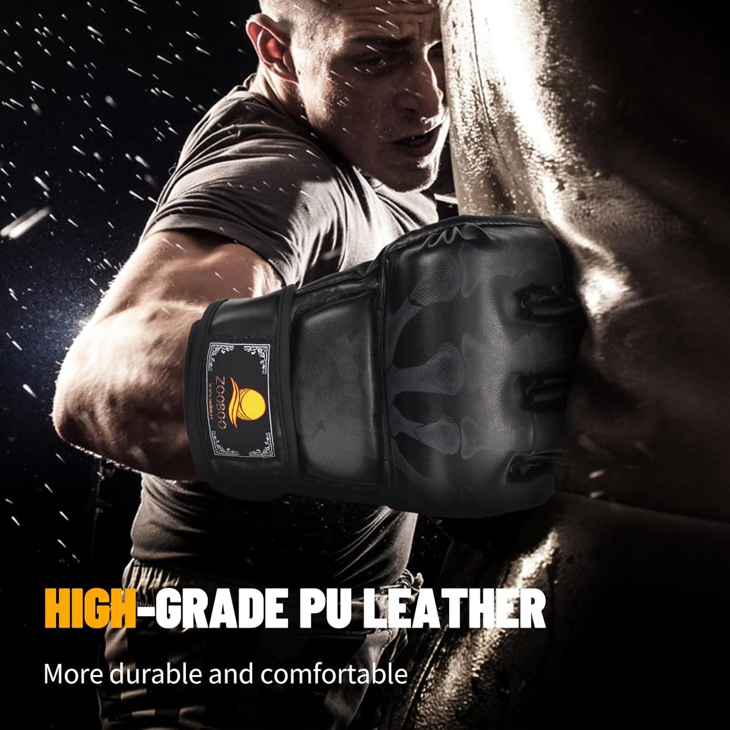 ZooBoo MMA Gloves, Half-Finger Boxing Fight Gloves MMA Mitts with Adjustable Wrist Band UFC Gloves for Sanda Sparring Punching Bag Training (One Size Fits Most)