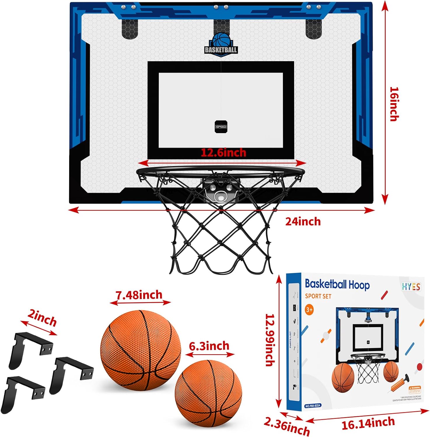 24" x 16" Large Basketball Hoop Indoor for Adults, Over The Door Basketball Hoop with Sturdy Backboard, Big Basketball Toys Gifts Ideas for Man Kids Teens Boys Girls, Black