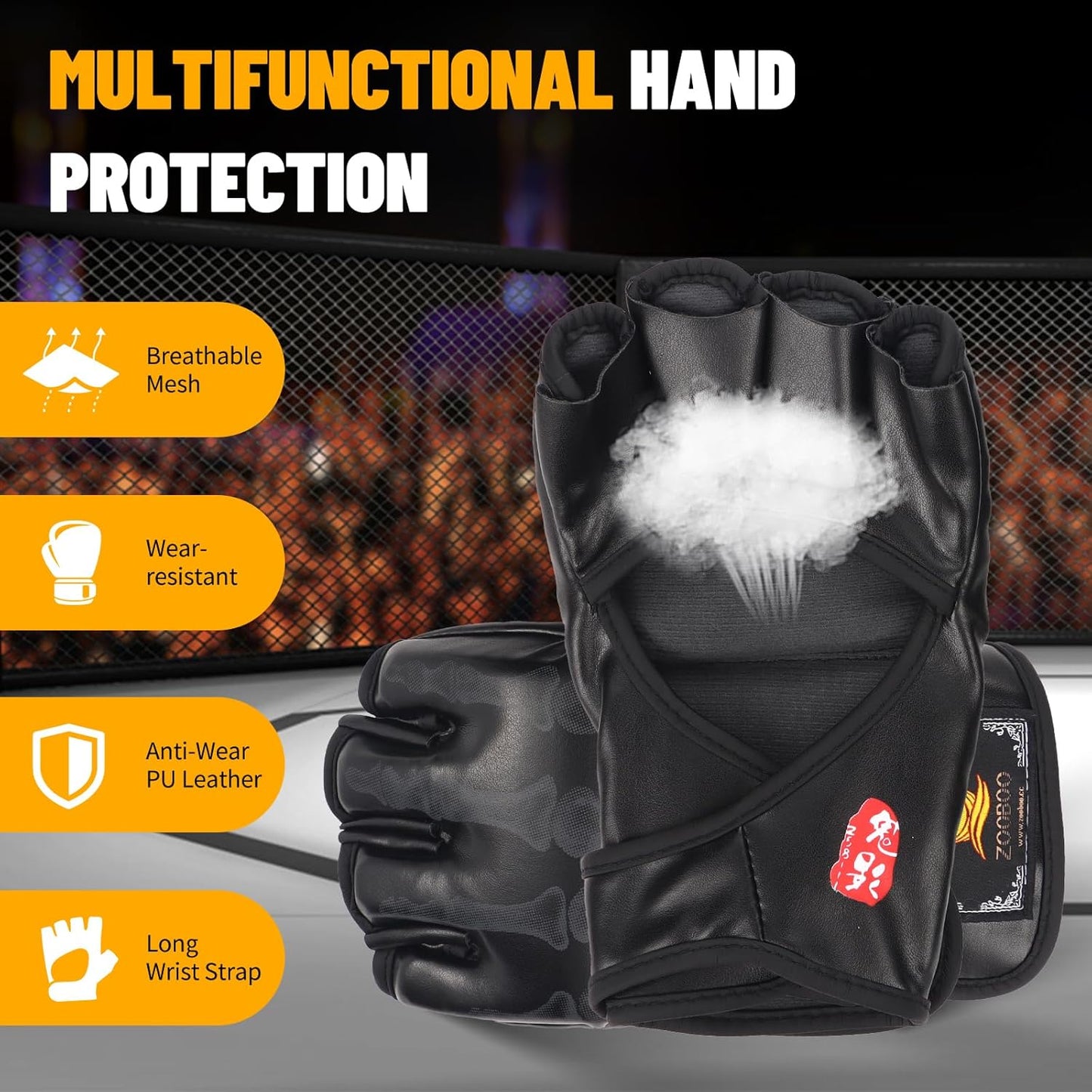 ZooBoo MMA Gloves, Half-Finger Boxing Fight Gloves MMA Mitts with Adjustable Wrist Band UFC Gloves for Sanda Sparring Punching Bag Training (One Size Fits Most)
