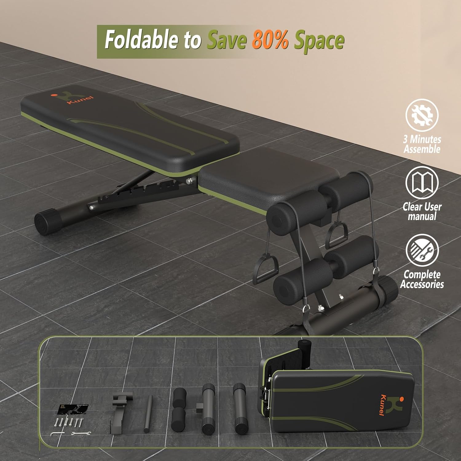 Adjustable Weight Bench for Home Gym, Foldable 700LBS Workout Bench with 9 Backrests, Multi-Purpose Bench Press for Incline Decline Flat with Fast Adjustment (2 resistance bands)