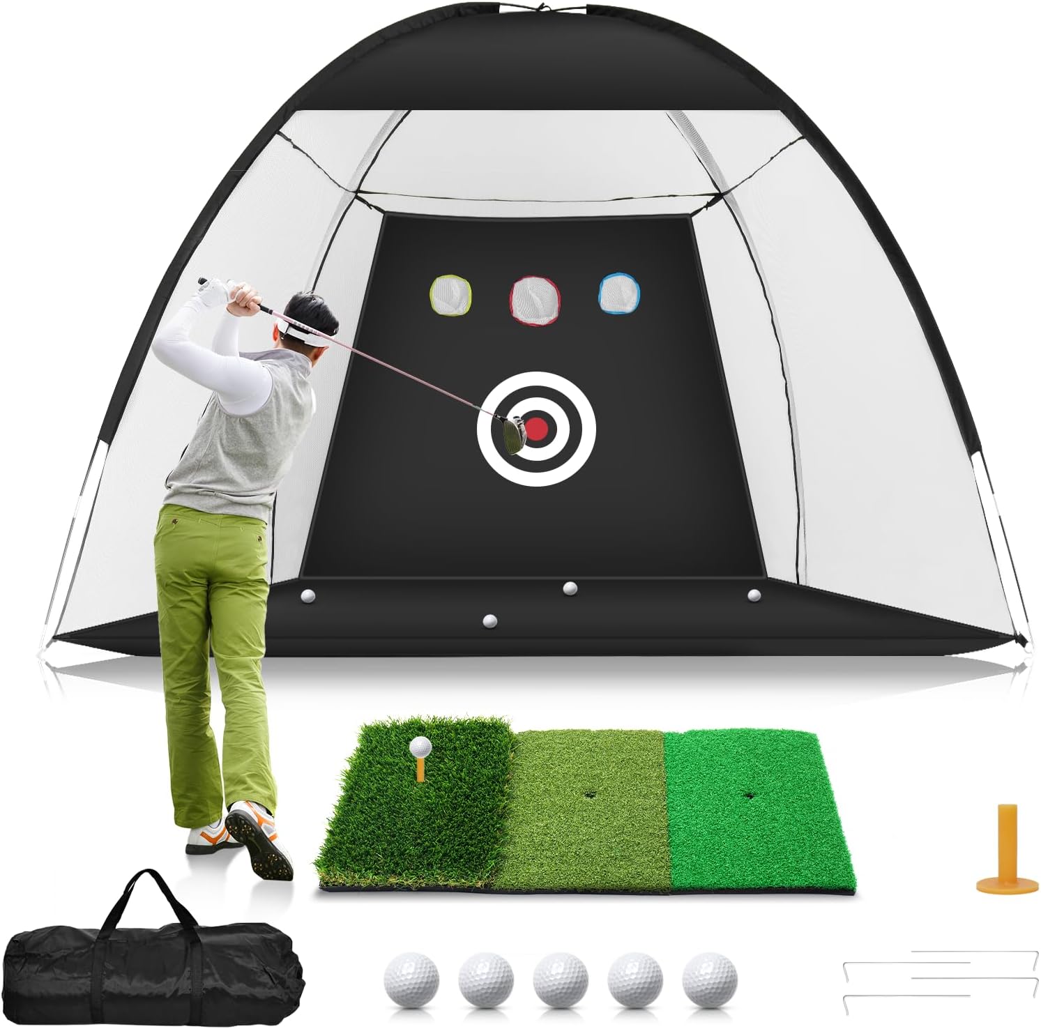 Golf Net, 10x7ft Practice Net with Tri-Turf Mat, All-in-1 Home Golf Hitting Aid for Backyard Driving Chipping Swing Training, Black