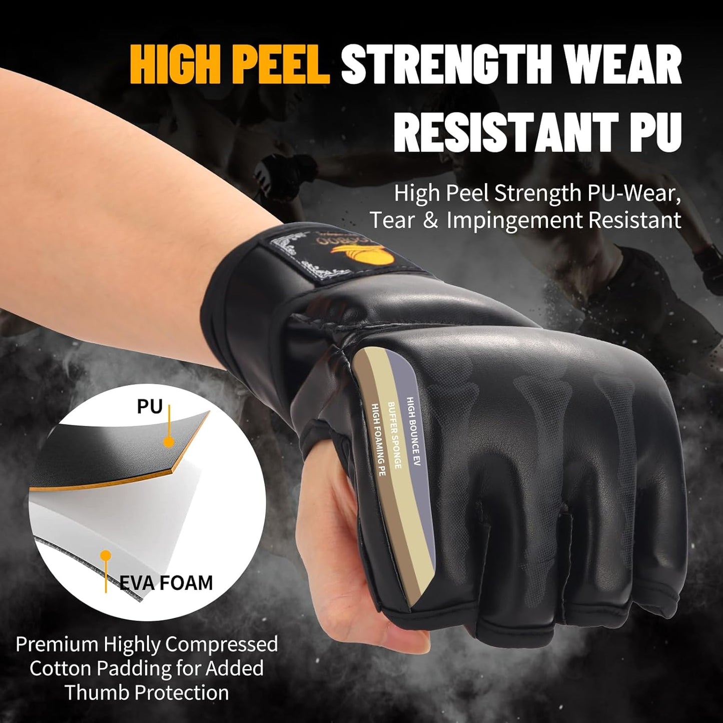 ZooBoo MMA Gloves, Half-Finger Boxing Fight Gloves MMA Mitts with Adjustable Wrist Band UFC Gloves for Sanda Sparring Punching Bag Training (One Size Fits Most)