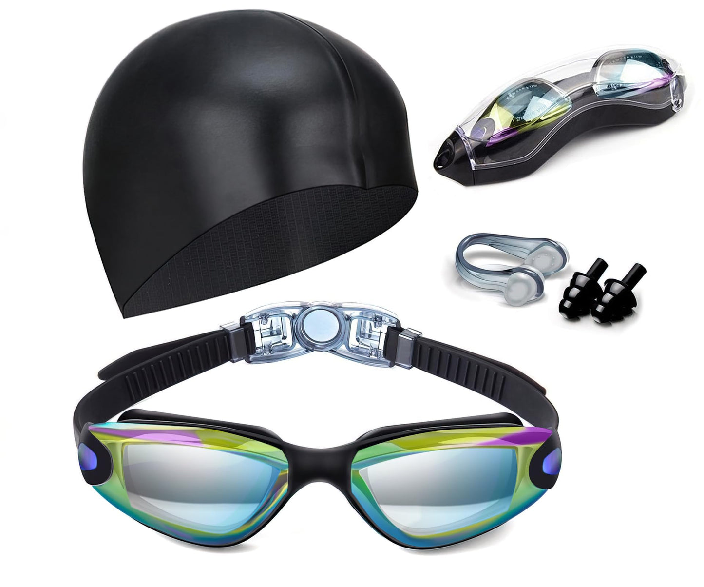 Swim Goggles Swimming Goggles No Leaking with Nose Clip, Earplugs, Swim Cap and Case for Men Women