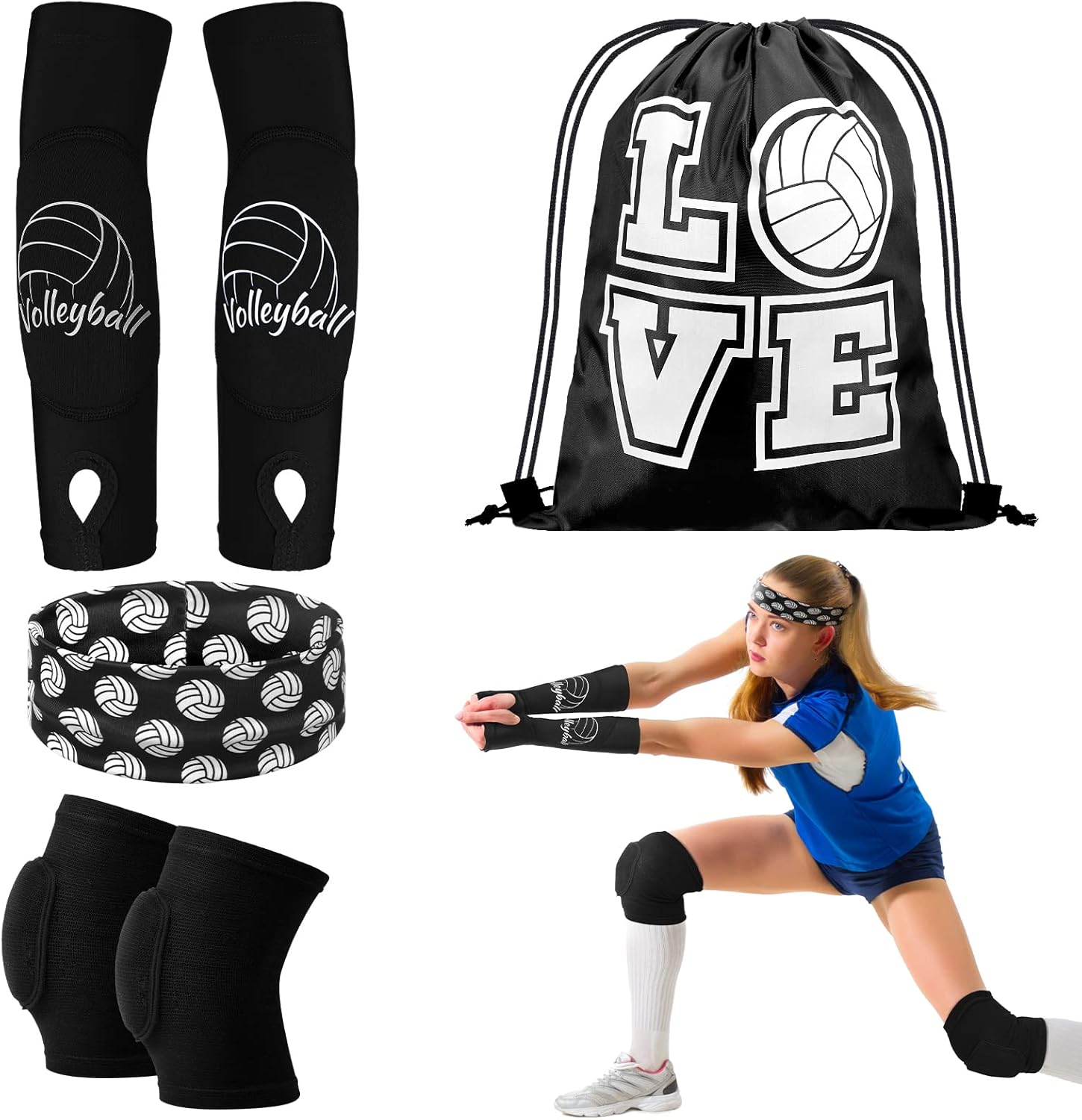 Yinder 4 Pcs Volleyball Accessories Include Knee Pads ,Arm Sleeves , Drawstring Bag,Softball Headbands for Women Volleyball Training Dance
