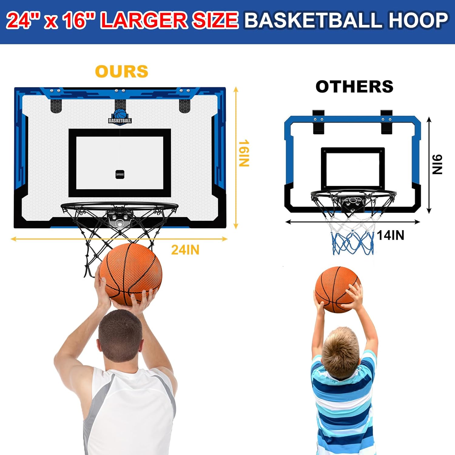 24" x 16" Large Basketball Hoop Indoor for Adults, Over The Door Basketball Hoop with Sturdy Backboard, Big Basketball Toys Gifts Ideas for Man Kids Teens Boys Girls, Black