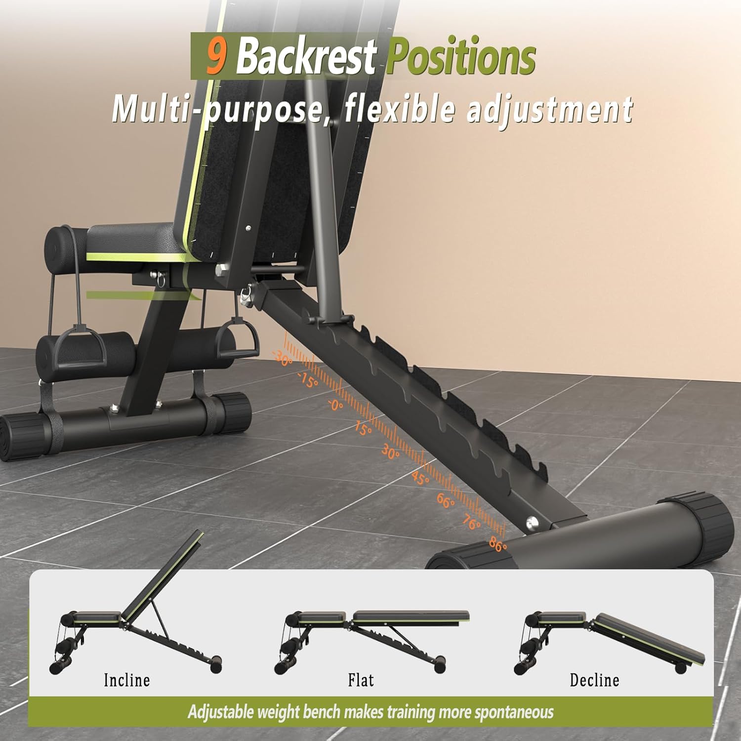 Adjustable Weight Bench for Home Gym, Foldable 700LBS Workout Bench with 9 Backrests, Multi-Purpose Bench Press for Incline Decline Flat with Fast Adjustment (2 resistance bands)