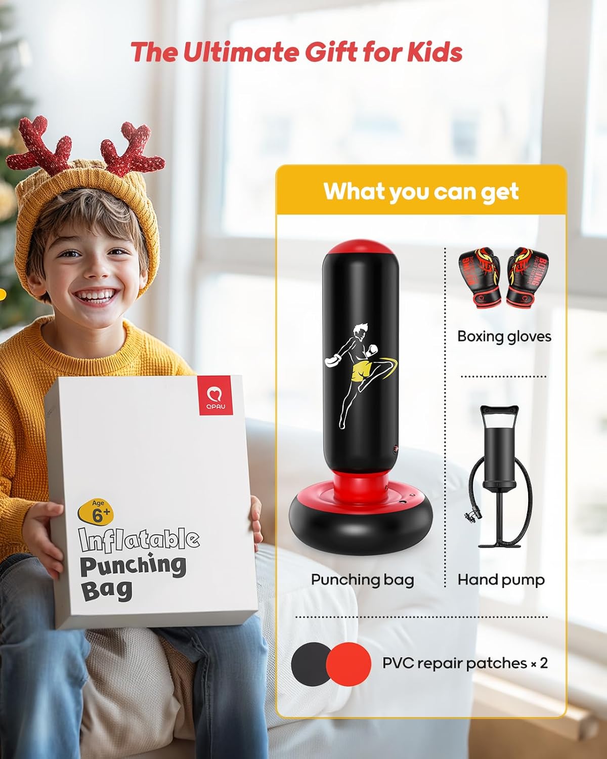 QPAU Kids Punching Bag Toy with Boxing Gloves, 66 Inch Larger Stable Kids Inflatable Boxing Bag Set, Gifts for Boys & Girls Age 6-12, for Practicing Karate, Taekwondo, MMA