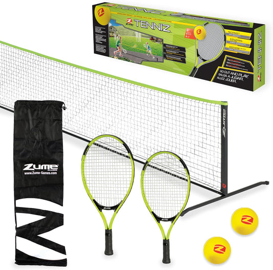 Portable, Instant Tennis Set Includes Two Rackets, Two Balls, Net, and Carrying Case