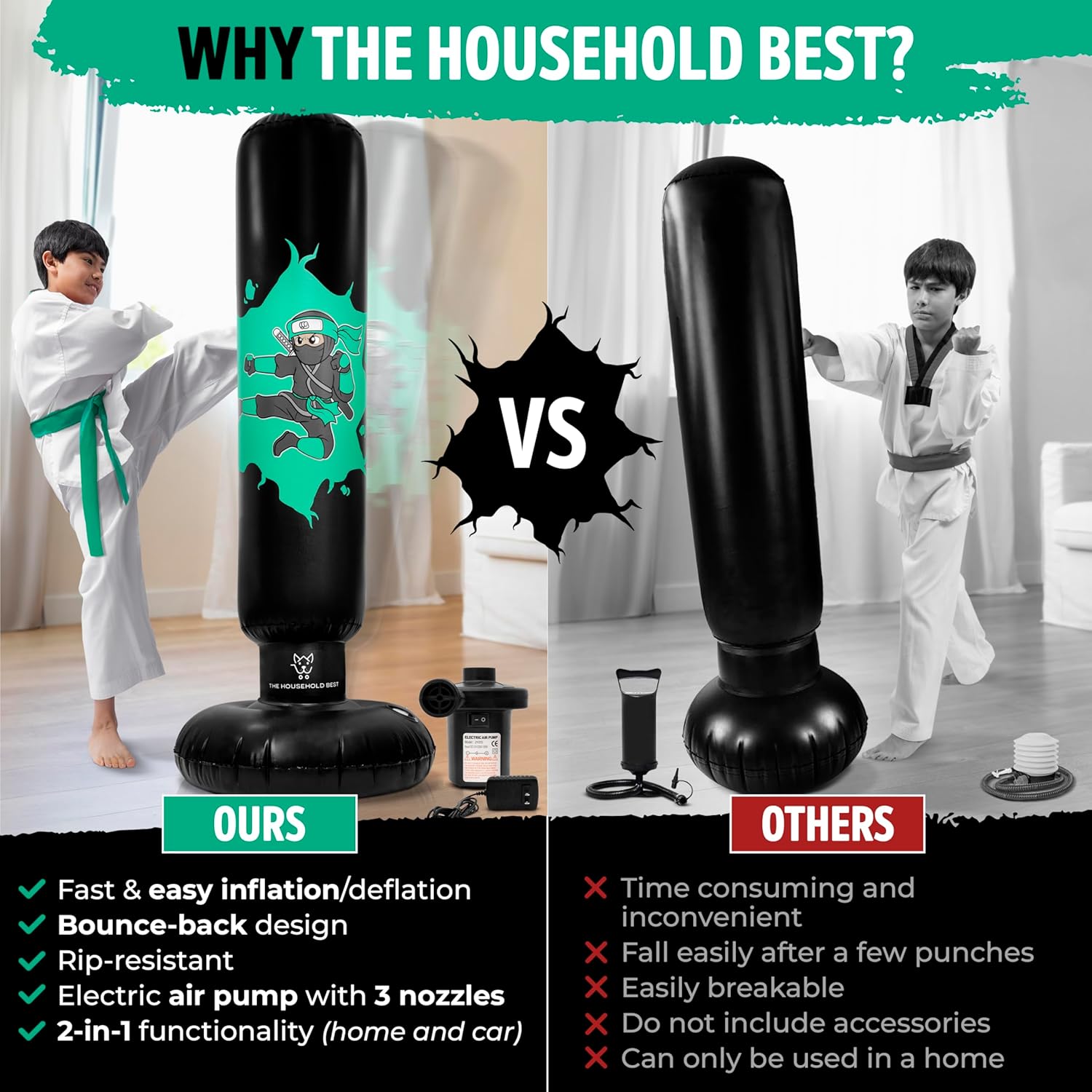 THB Punching Bag for Kids - Inflatable Punching Bag Stand with Boxing Gloves for Kids Age 3-8, 63” Ninja Boxing Bag with Electric Air Pump to Practice Taekwondo, Karate, MMA, Bouncing Back Boxing Set