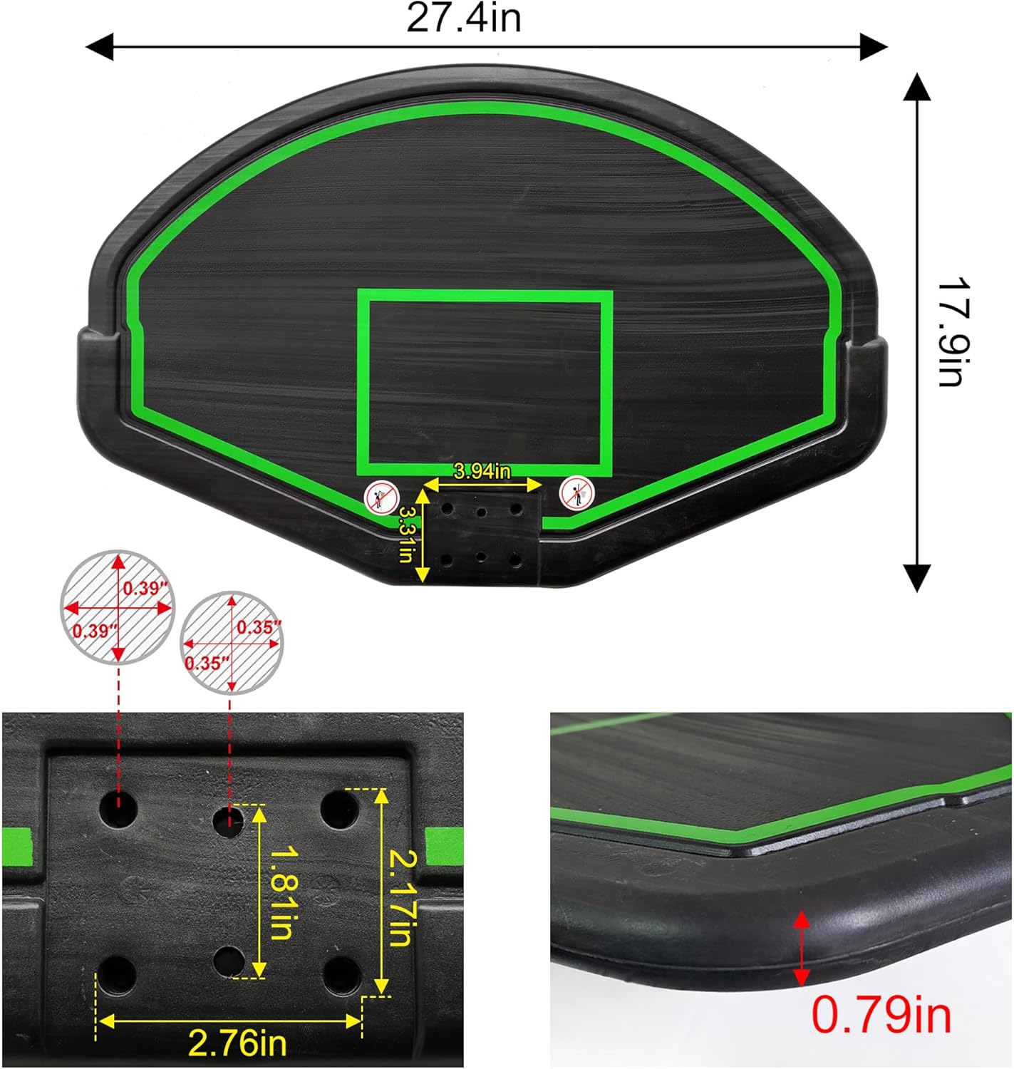 Basketball Backboard Replacement, 2 Holes Backboard for Basketball Hoop for 16ft Trampoline, 27.4in x 17.9inches Fan Shaped Back Board Replacement