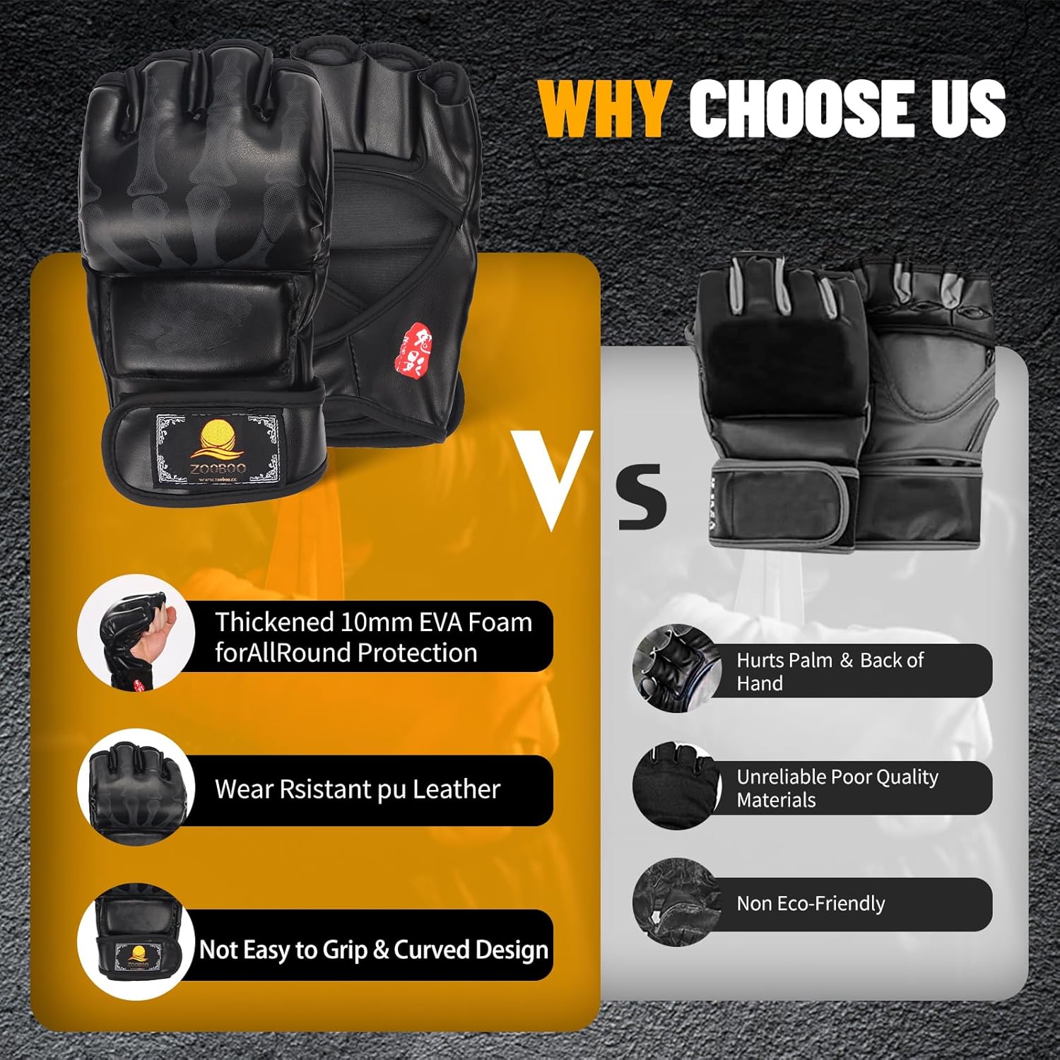 ZooBoo MMA Gloves, Half-Finger Boxing Fight Gloves MMA Mitts with Adjustable Wrist Band UFC Gloves for Sanda Sparring Punching Bag Training (One Size Fits Most)