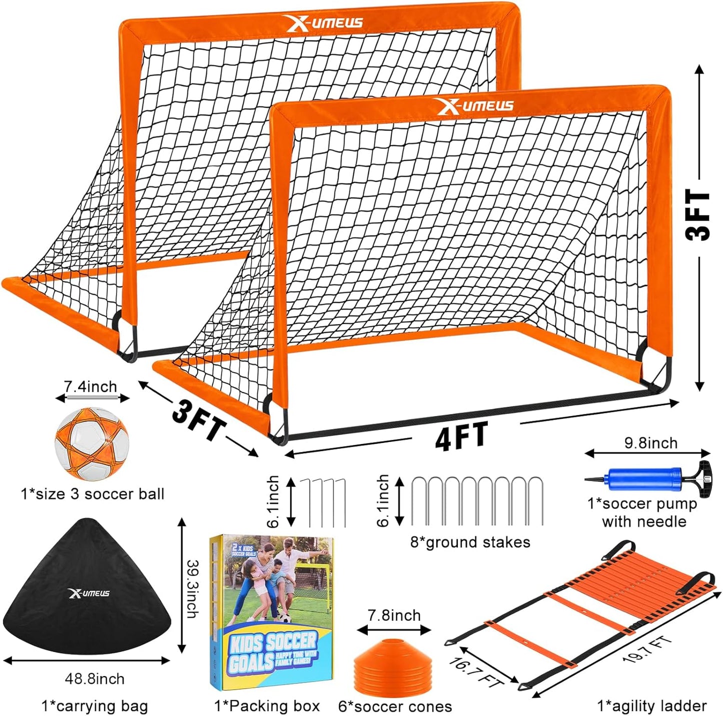 Kids Soccer Goals for Backyard, 4' x 3' Pop Up Toddler Goal Training Equipment with Ball, Agility Ladder and Cones, Portable Nets Backyard Youth Outdoor Sports Games