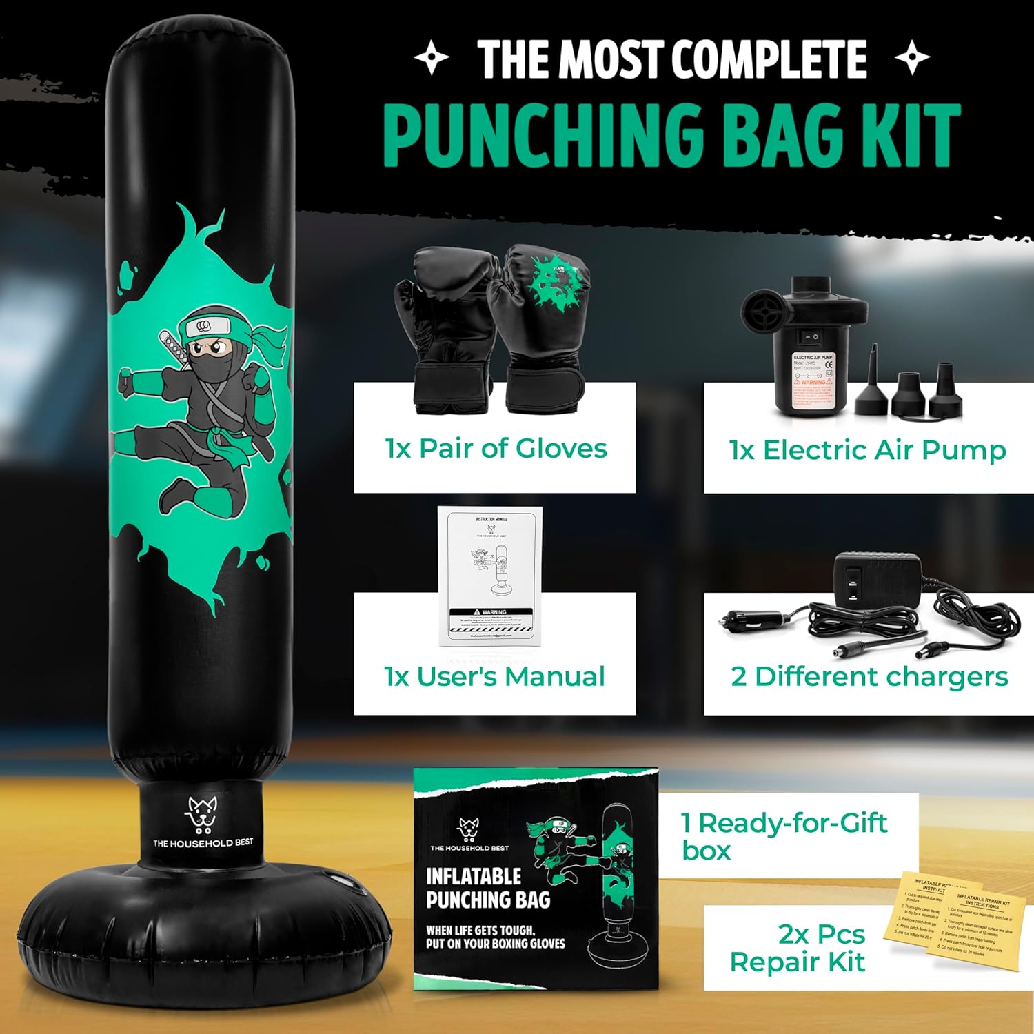 THB Punching Bag for Kids - Inflatable Punching Bag Stand with Boxing Gloves for Kids Age 3-8, 63” Ninja Boxing Bag with Electric Air Pump to Practice Taekwondo, Karate, MMA, Bouncing Back Boxing Set