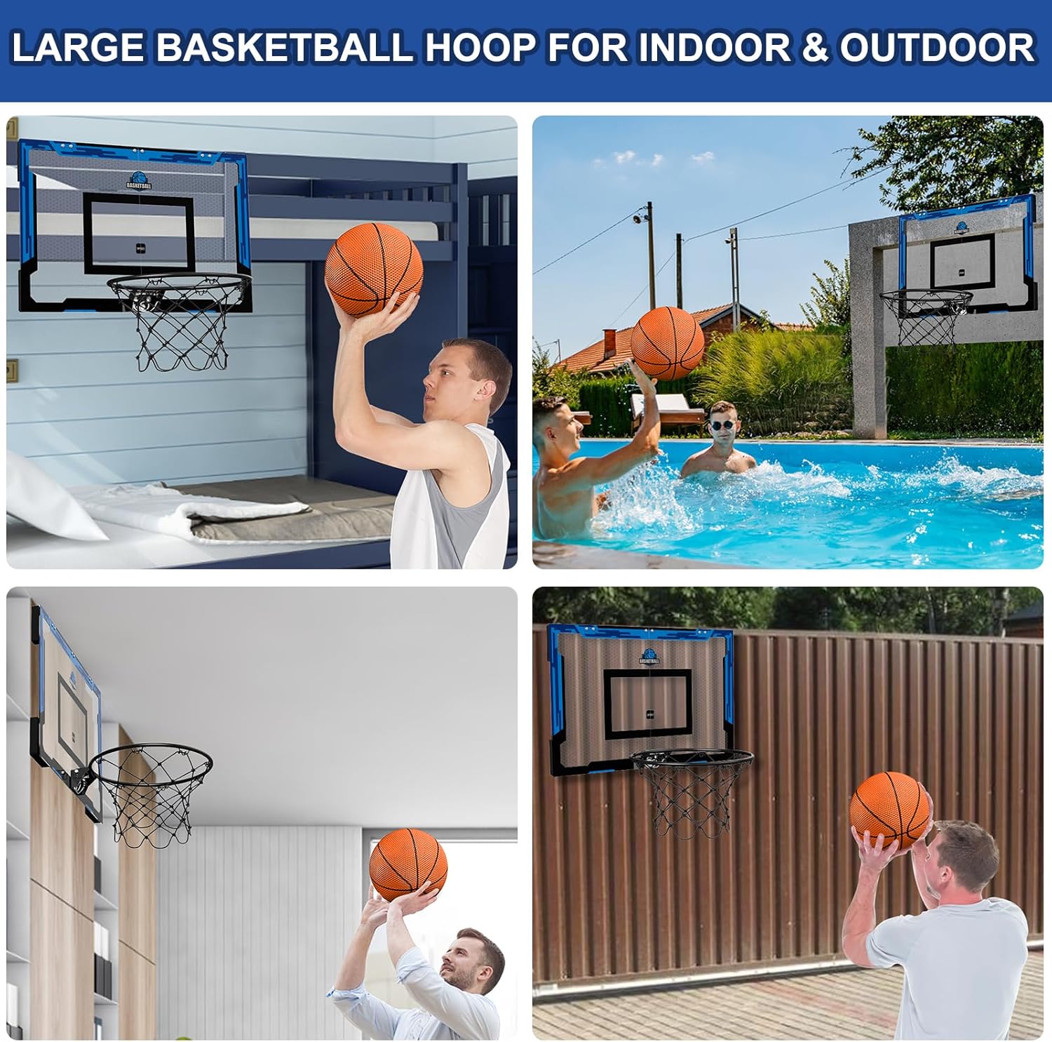 24" x 16" Large Basketball Hoop Indoor for Adults, Over The Door Basketball Hoop with Sturdy Backboard, Big Basketball Toys Gifts Ideas for Man Kids Teens Boys Girls, Black