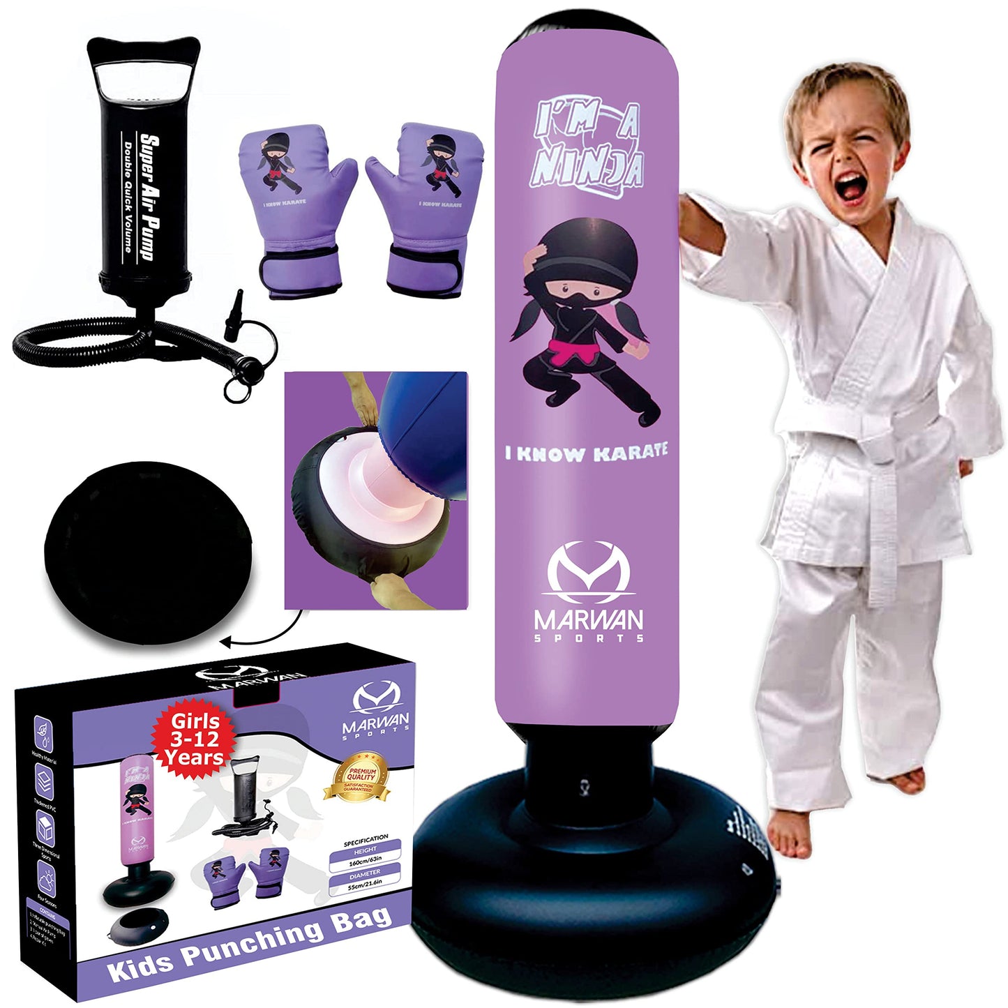 5-in-1 Kids Punching Bag Set – Ultra-Durable, Fast Bounce-Back Inflatable Boxing Bag with Gloves & Air Pump – Exciting & Safe Active Play for Boys Ages 4-12 (Patent Pending)