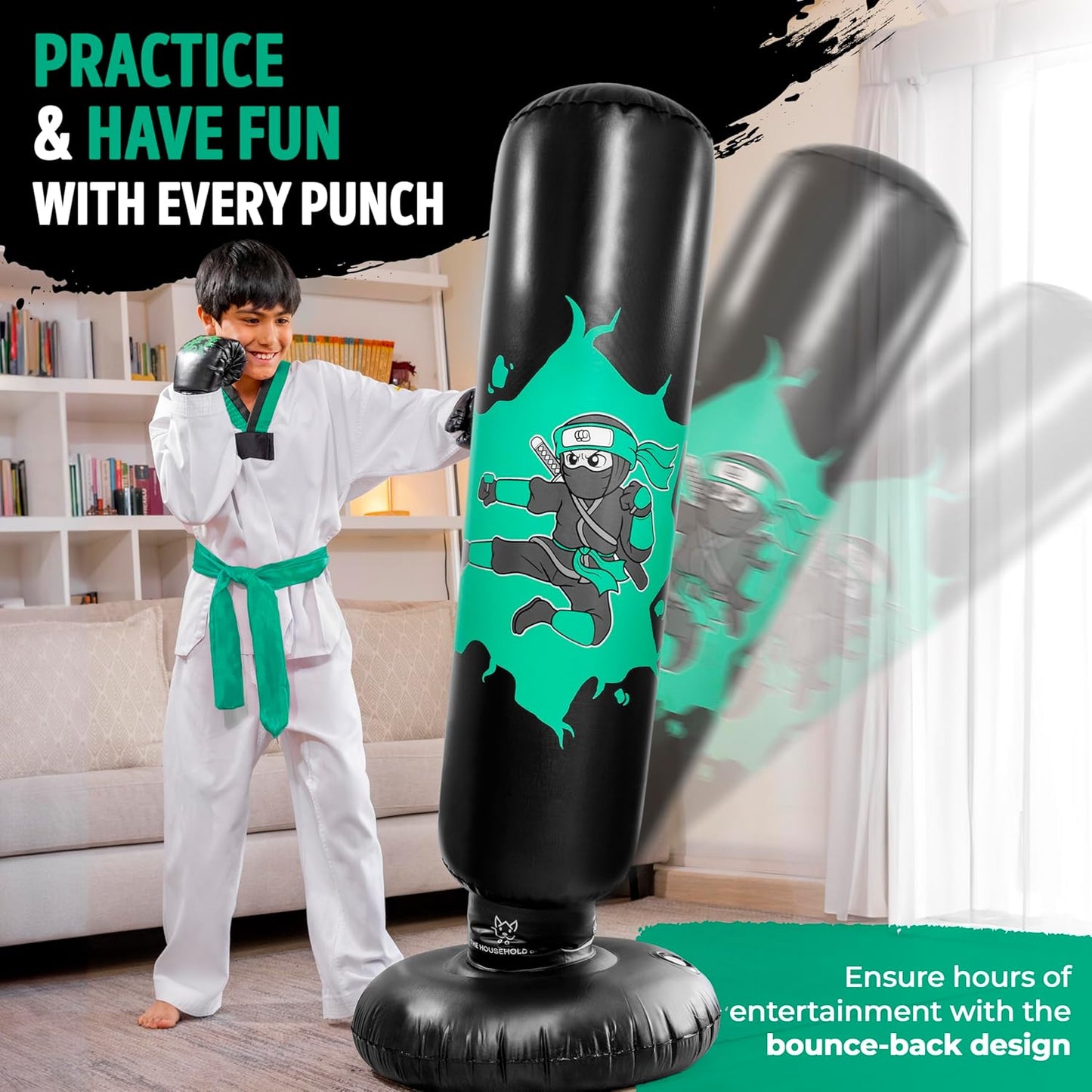 THB Punching Bag for Kids - Inflatable Punching Bag Stand with Boxing Gloves for Kids Age 3-8, 63” Ninja Boxing Bag with Electric Air Pump to Practice Taekwondo, Karate, MMA, Bouncing Back Boxing Set