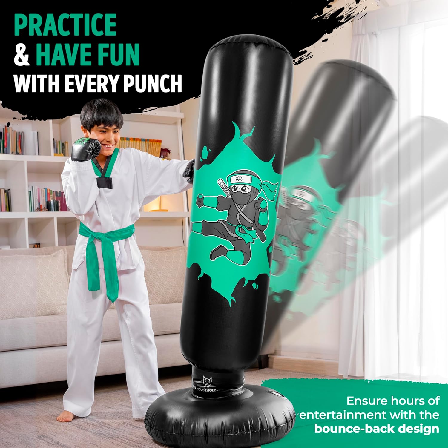 THB Punching Bag for Kids - Inflatable Punching Bag Stand with Boxing Gloves for Kids Age 3-8, 63” Ninja Boxing Bag with Electric Air Pump to Practice Taekwondo, Karate, MMA, Bouncing Back Boxing Set