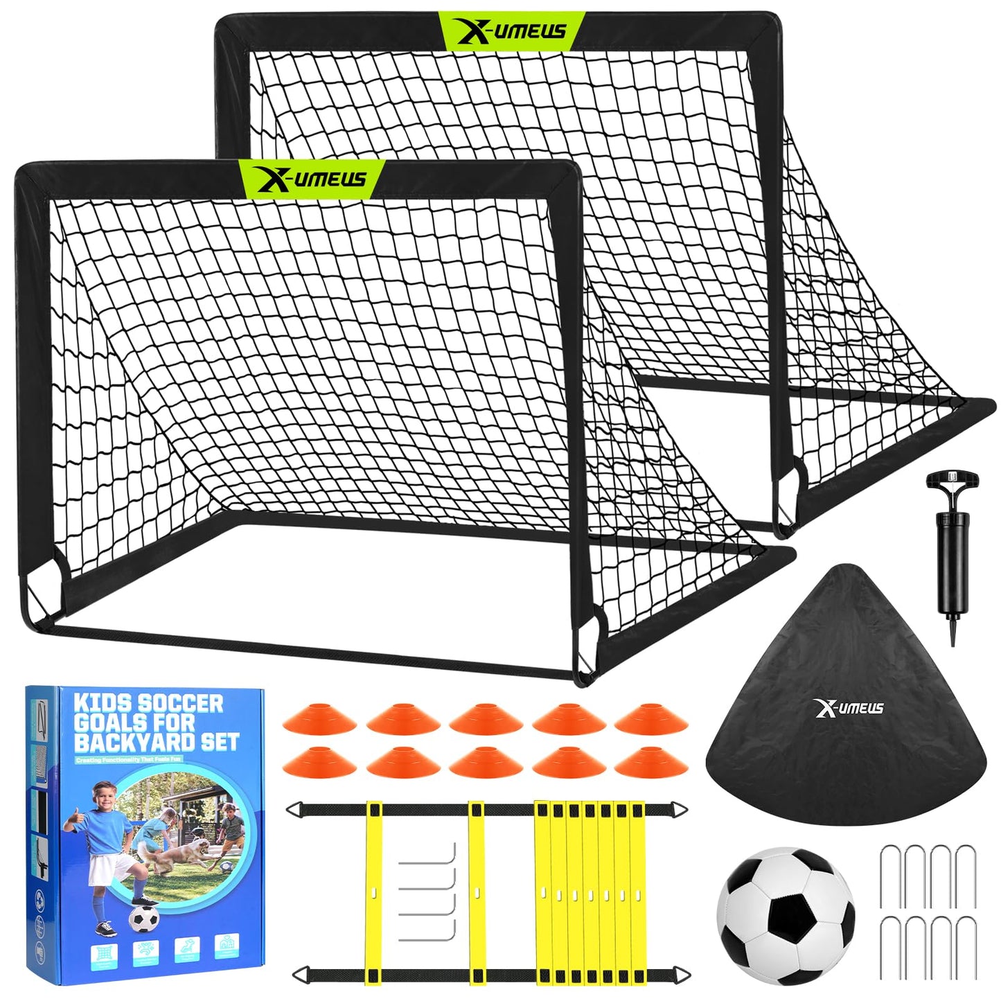 Kids Soccer Goals for Backyard, 4' x 3' Pop Up Toddler Goal Training Equipment with Ball, Agility Ladder and Cones, Portable Nets Backyard Youth Outdoor Sports Games
