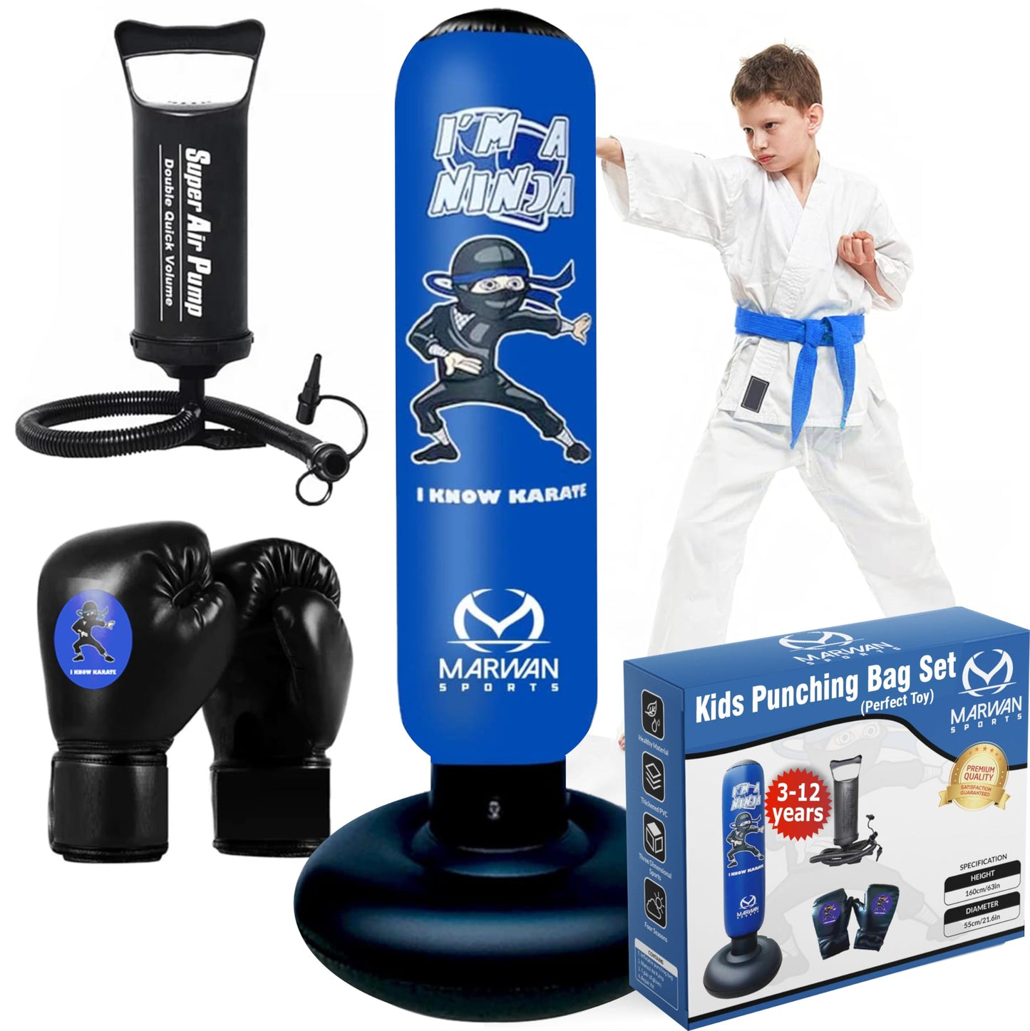 5-in-1 Kids Punching Bag Set – Ultra-Durable, Fast Bounce-Back Inflatable Boxing Bag with Gloves & Air Pump – Exciting & Safe Active Play for Boys Ages 4-12 (Patent Pending)