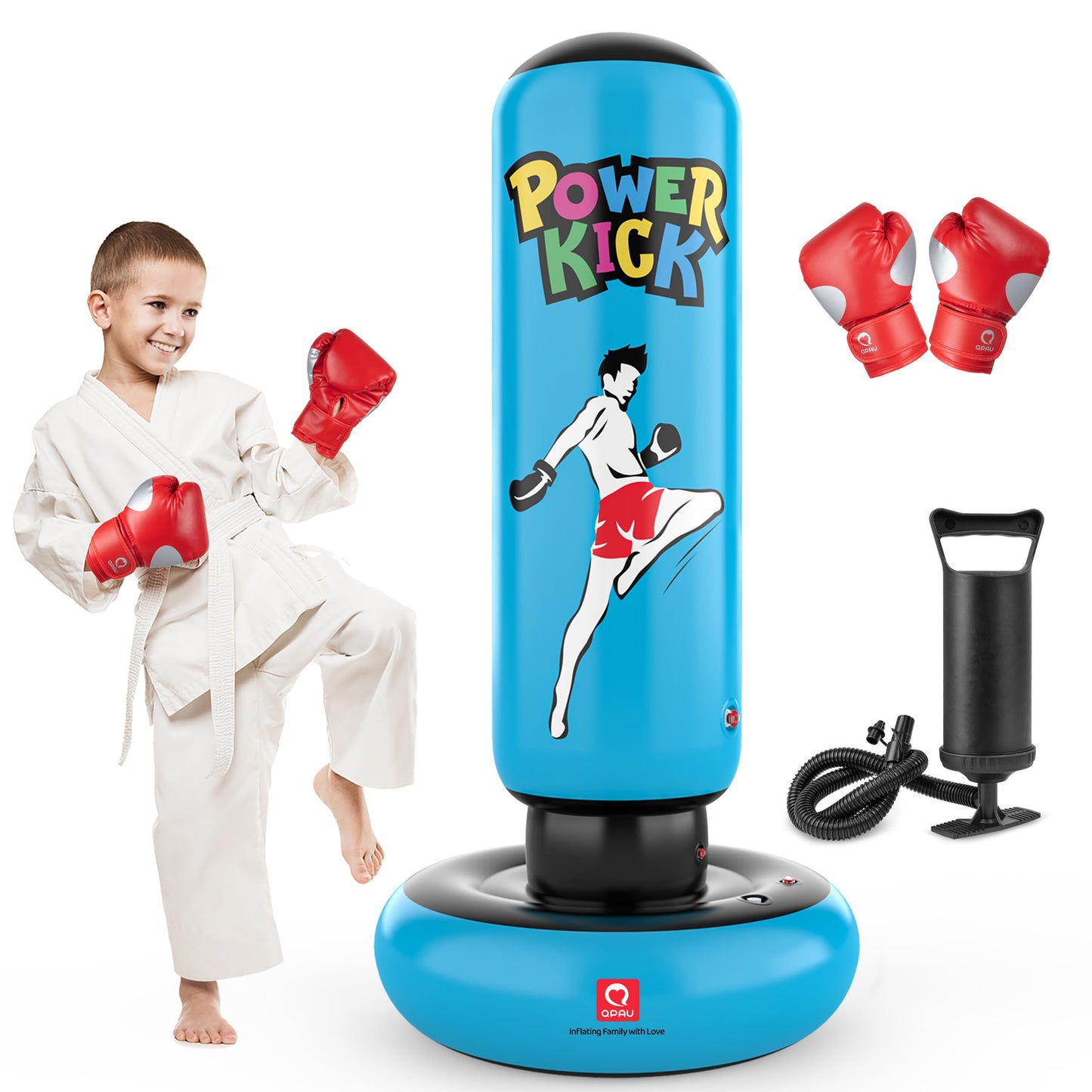 QPAU Kids Punching Bag Toy with Boxing Gloves, 66 Inch Larger Stable Kids Inflatable Boxing Bag Set, Gifts for Boys & Girls Age 6-12, for Practicing Karate, Taekwondo, MMA