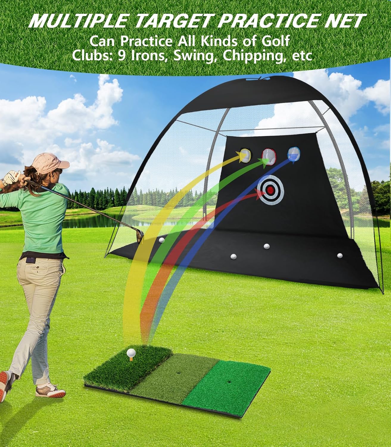 Golf Net, 10x7ft Practice Net with Tri-Turf Mat, All-in-1 Home Golf Hitting Aid for Backyard Driving Chipping Swing Training, Black