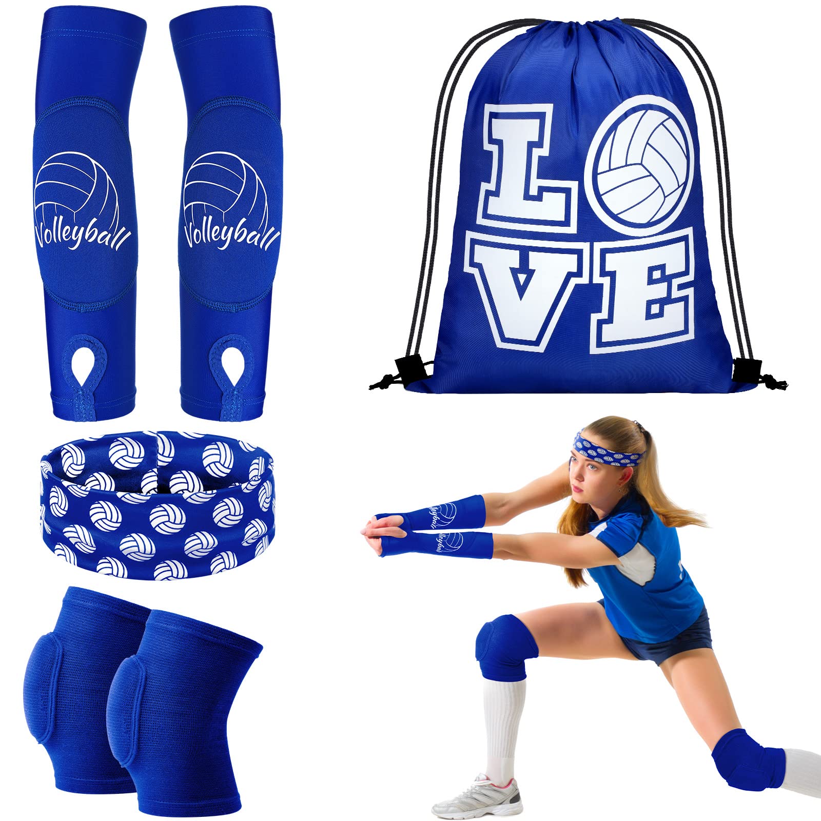 Yinder 4 Pcs Volleyball Accessories Include Knee Pads ,Arm Sleeves , Drawstring Bag,Softball Headbands for Women Volleyball Training Dance