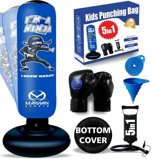 5-in-1 Kids Punching Bag Set – Ultra-Durable, Fast Bounce-Back Inflatable Boxing Bag with Gloves & Air Pump – Exciting & Safe Active Play for Boys Ages 4-12 (Patent Pending)