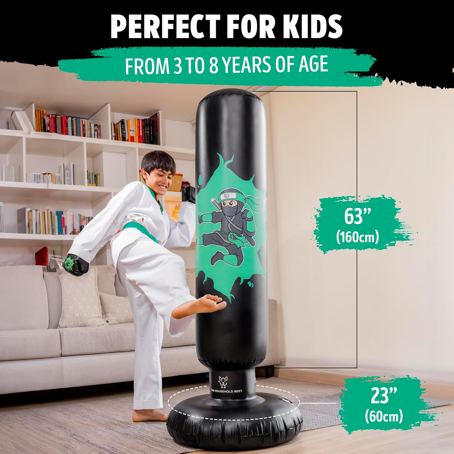 THB Punching Bag for Kids - Inflatable Punching Bag Stand with Boxing Gloves for Kids Age 3-8, 63” Ninja Boxing Bag with Electric Air Pump to Practice Taekwondo, Karate, MMA, Bouncing Back Boxing Set