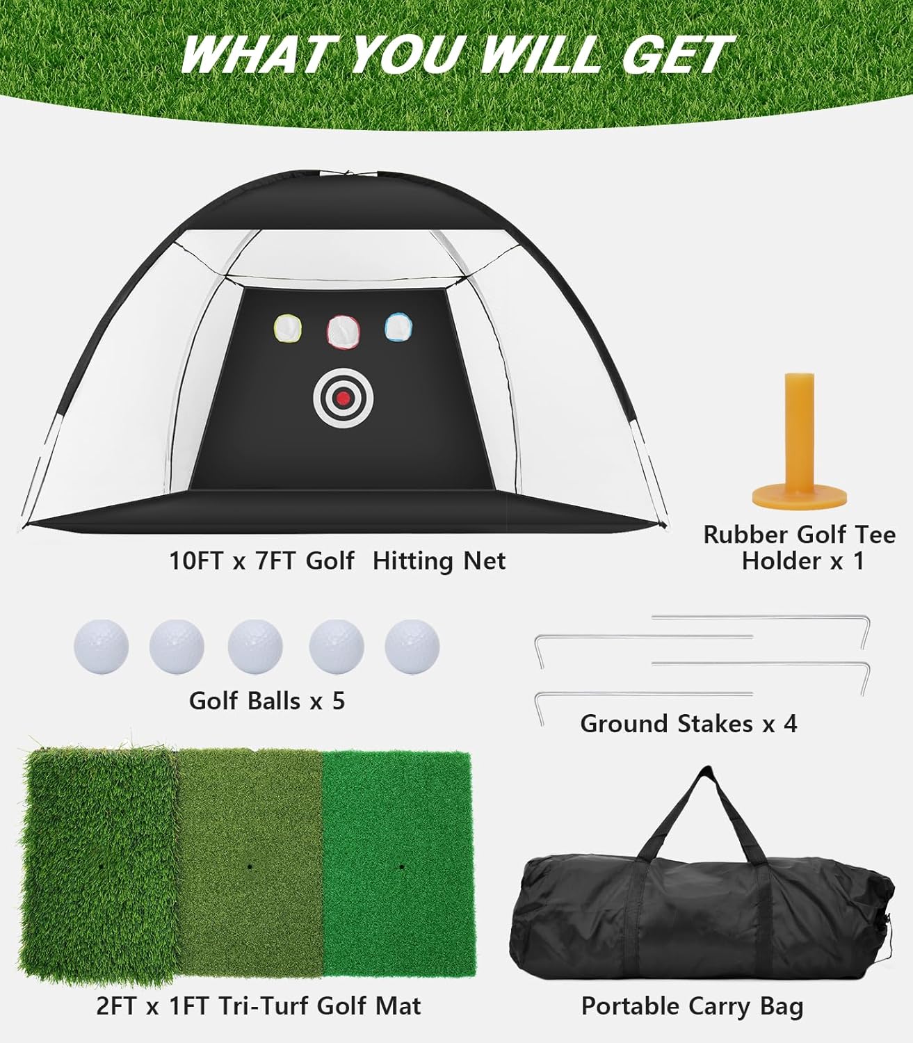 Golf Net, 10x7ft Practice Net with Tri-Turf Mat, All-in-1 Home Golf Hitting Aid for Backyard Driving Chipping Swing Training, Black