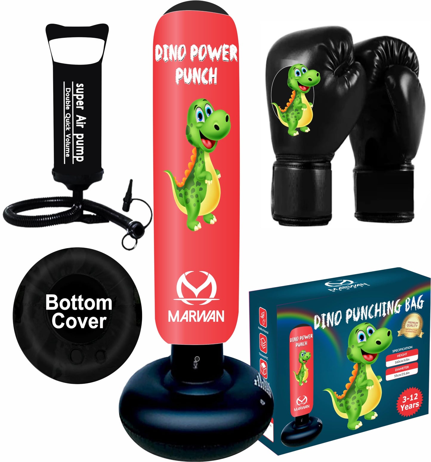5-in-1 Kids Punching Bag Set – Ultra-Durable, Fast Bounce-Back Inflatable Boxing Bag with Gloves & Air Pump – Exciting & Safe Active Play for Boys Ages 4-12 (Patent Pending)