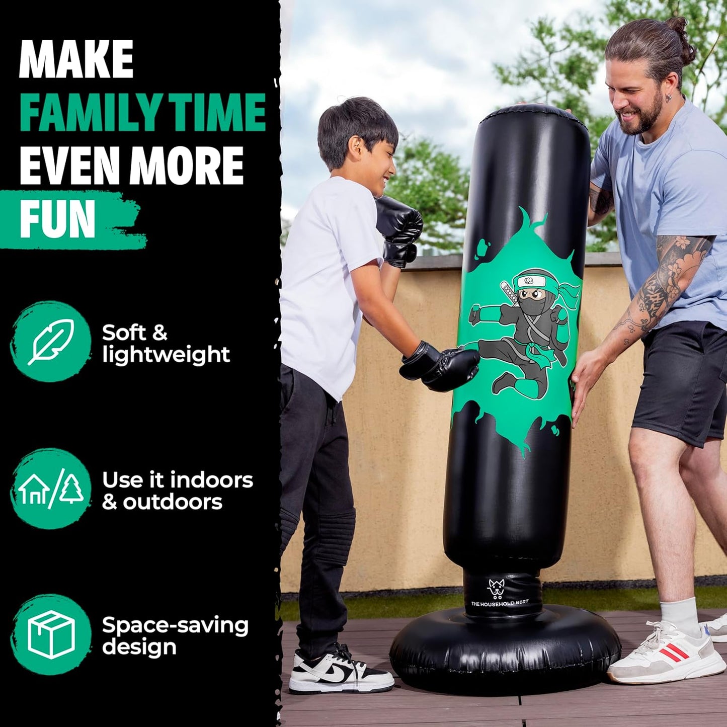 THB Punching Bag for Kids - Inflatable Punching Bag Stand with Boxing Gloves for Kids Age 3-8, 63” Ninja Boxing Bag with Electric Air Pump to Practice Taekwondo, Karate, MMA, Bouncing Back Boxing Set