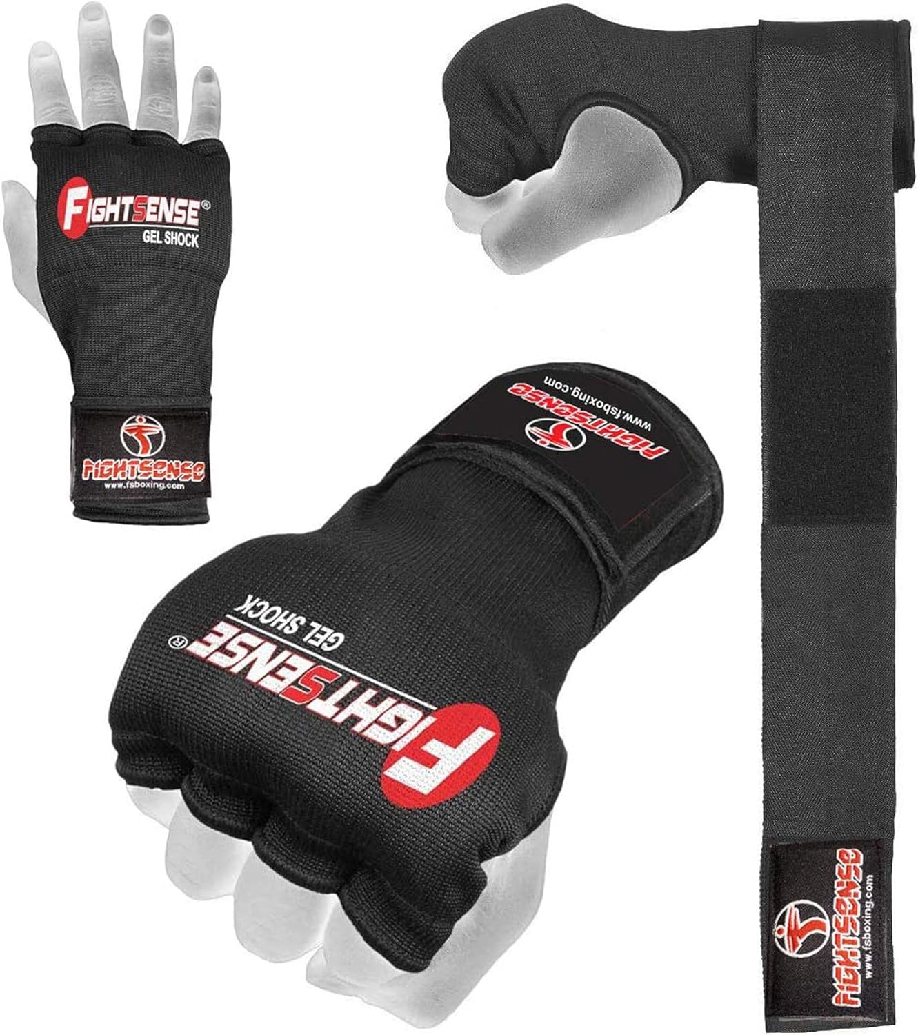 FIGHTSENSE Padded Gel Inner Boxing Gloves for Men and Women with Long Elasticated Hand Wraps for Punching, Boxing, MMA, Muay Thai, Kickboxing and Martial Arts Training (Pair)