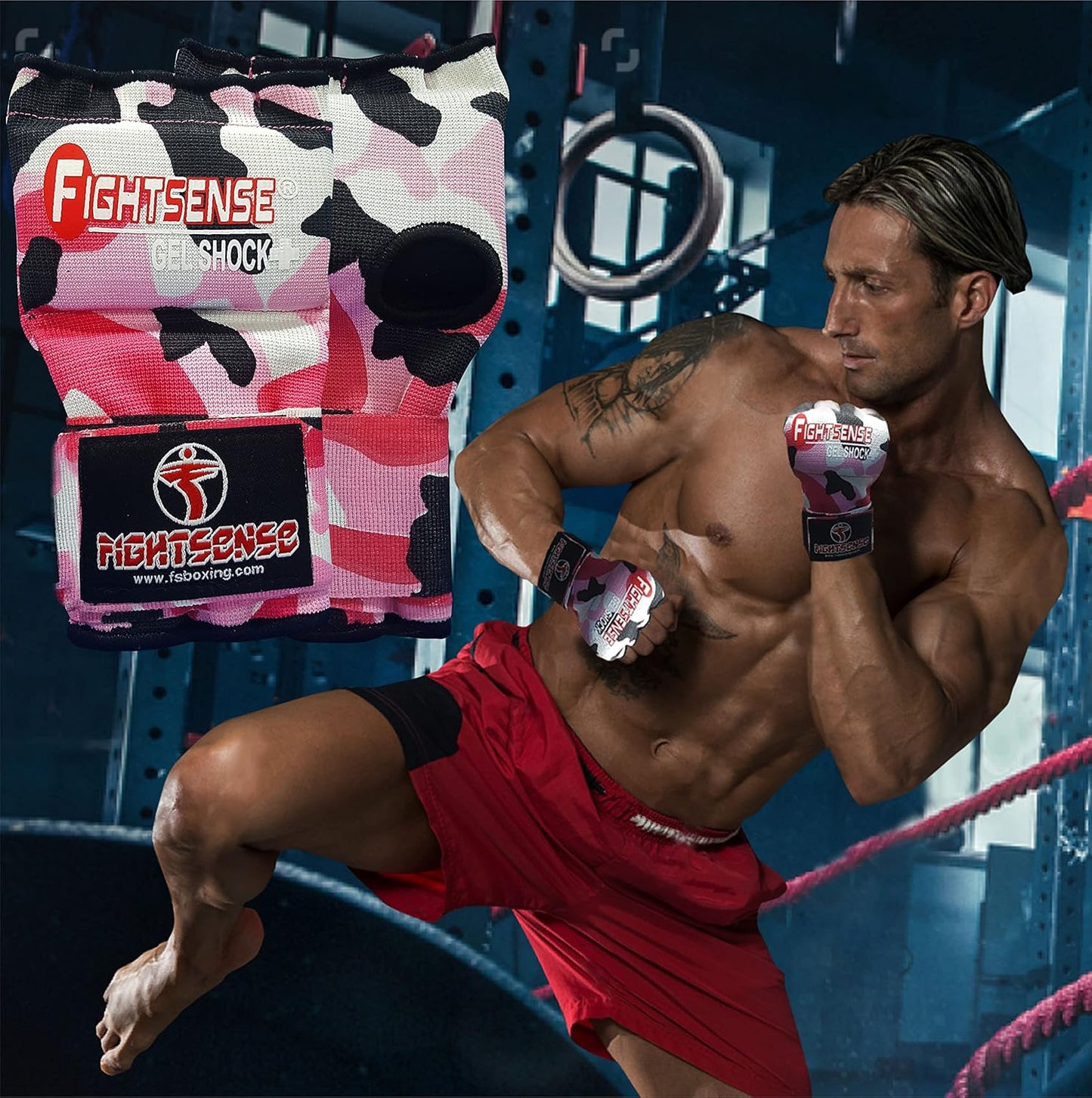 FIGHTSENSE Padded Gel Inner Boxing Gloves for Men and Women with Long Elasticated Hand Wraps for Punching, Boxing, MMA, Muay Thai, Kickboxing and Martial Arts Training (Pair)