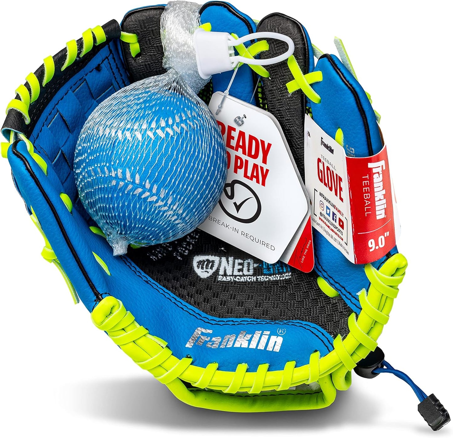 Franklin Sports Teeball Glove - Left and Right Handed Youth Fielding Glove - Neo-Grip - Synthetic Leather Baseball Glove - 9.0 Inch - Ready To Play Glove with Ball