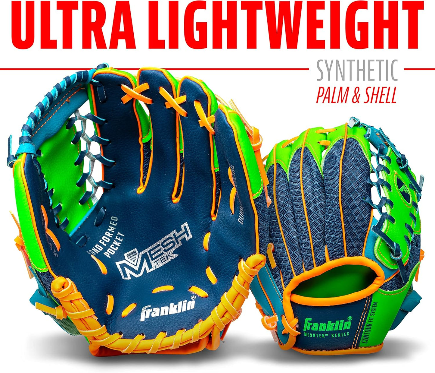 Franklin Sports Kids Baseball Glove + Ball Sets - Meshtek Youth Teeball Gloves for Kids + Toddlers - Left + Right Hand Throw Mitts + Glove Sets with Foam Balls - Boys + Girls Gloves - 9.5" Inch